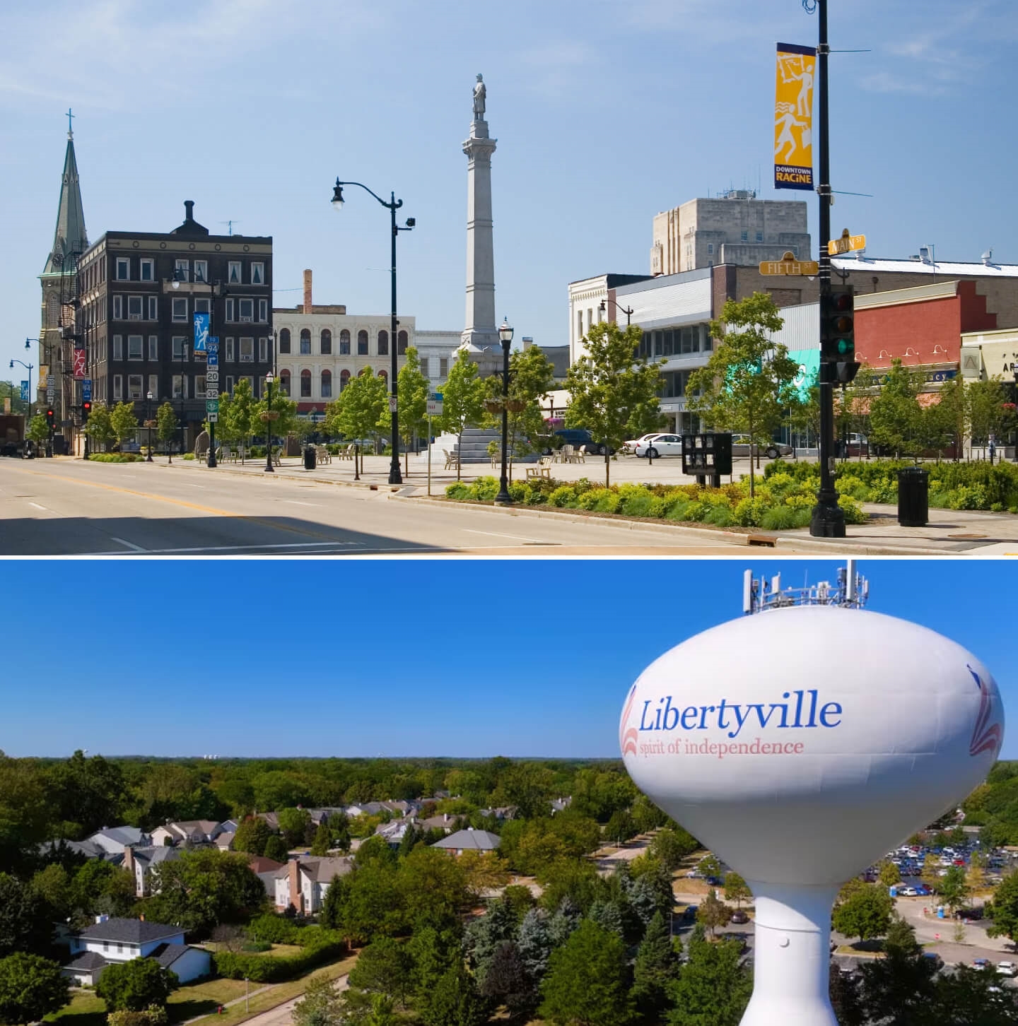 Street view of downtown Racine, WI on a sunny day. Aerial view of the Libertyville, IL water tower.