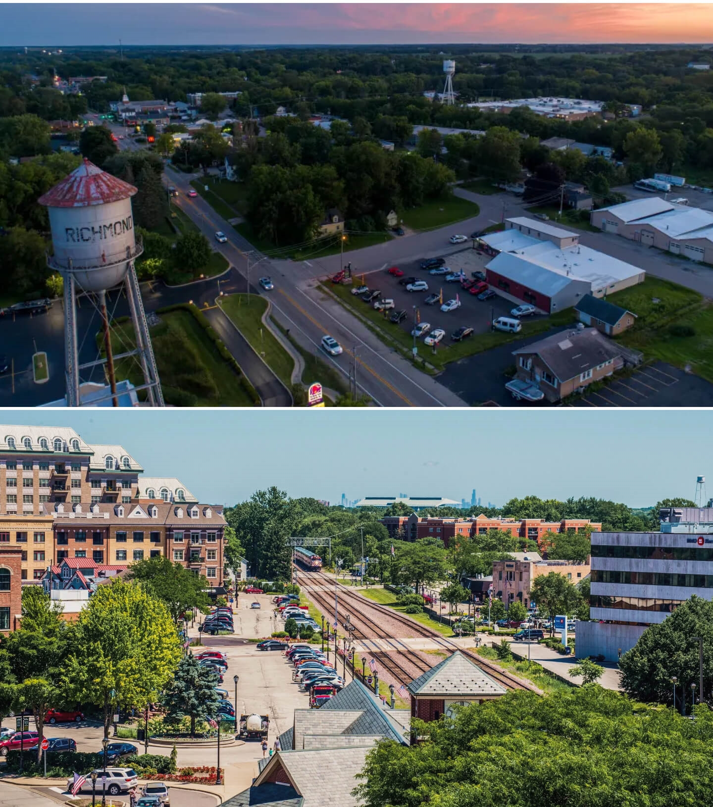 Aerial view of Richmond, IL with the water tower in the foreground. Wide angle view of downtown Palatine, IL.