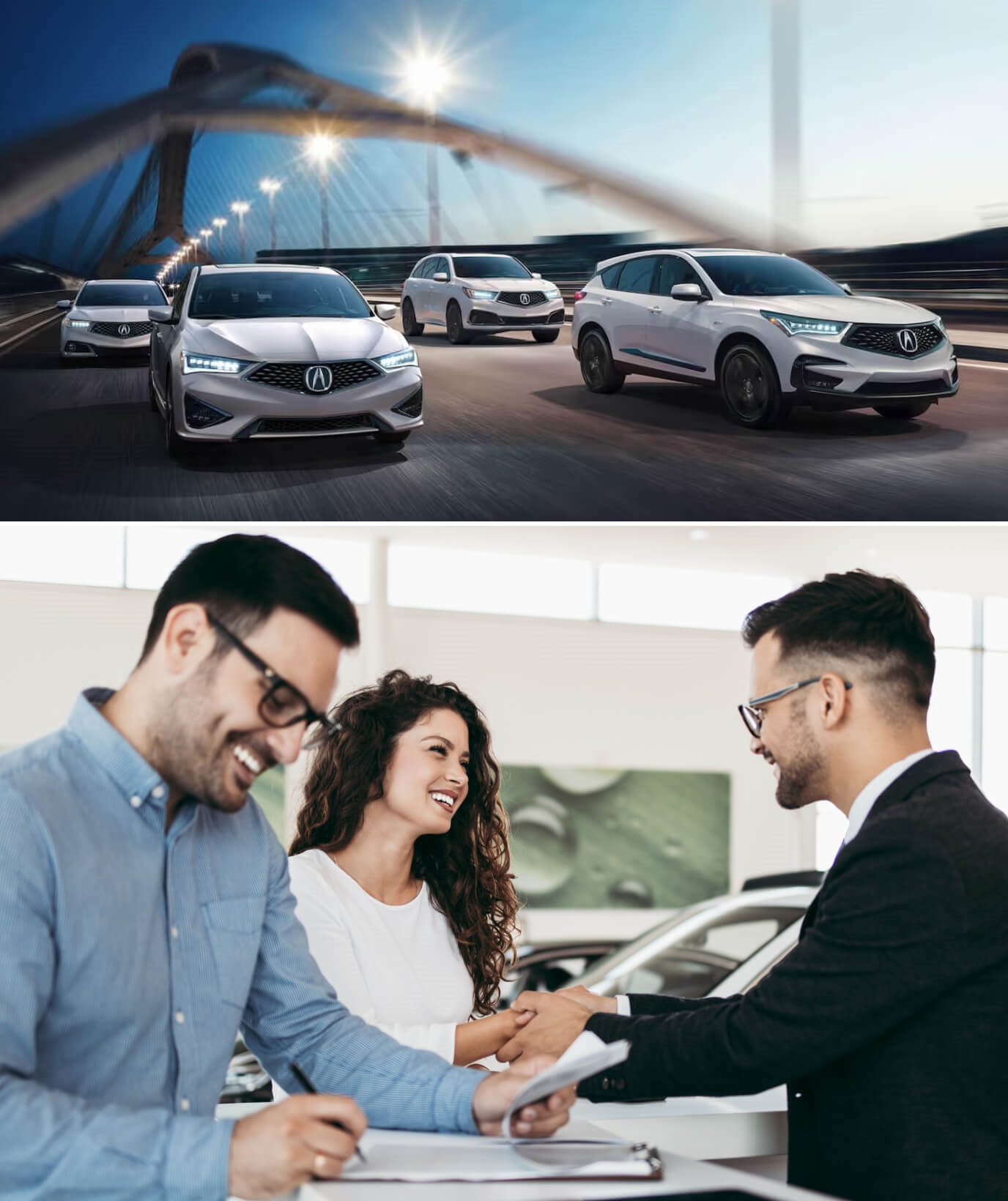 Several white Acura vehicles driving across a bridge. A salesman assists customers in a dealership.