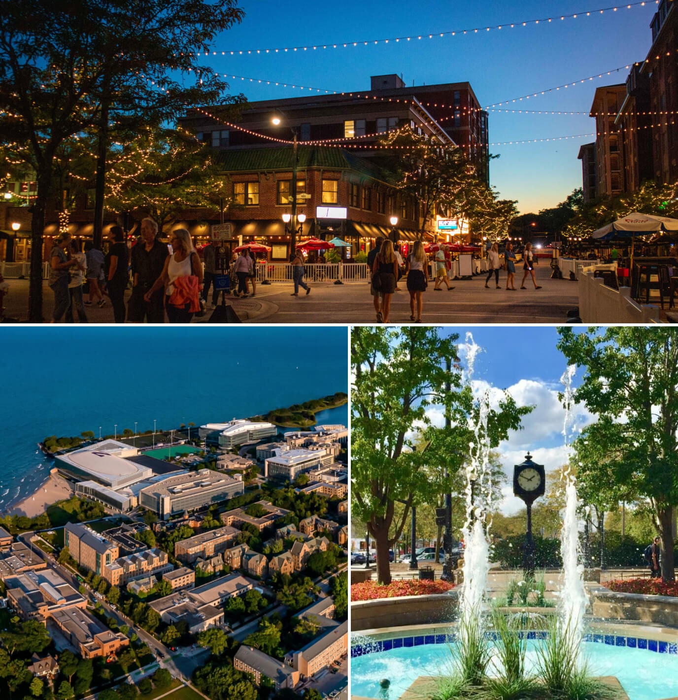 Downtown Arlington Heights IL at dusk, Aerial shot of Evanston IL and street view of Washington Park fountain in Downers Grove IL.