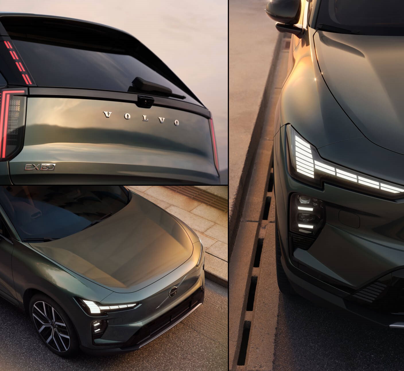 Exterior collage showing the headlights, hood, and tailgate badge of a dark green Volvo EX60.   