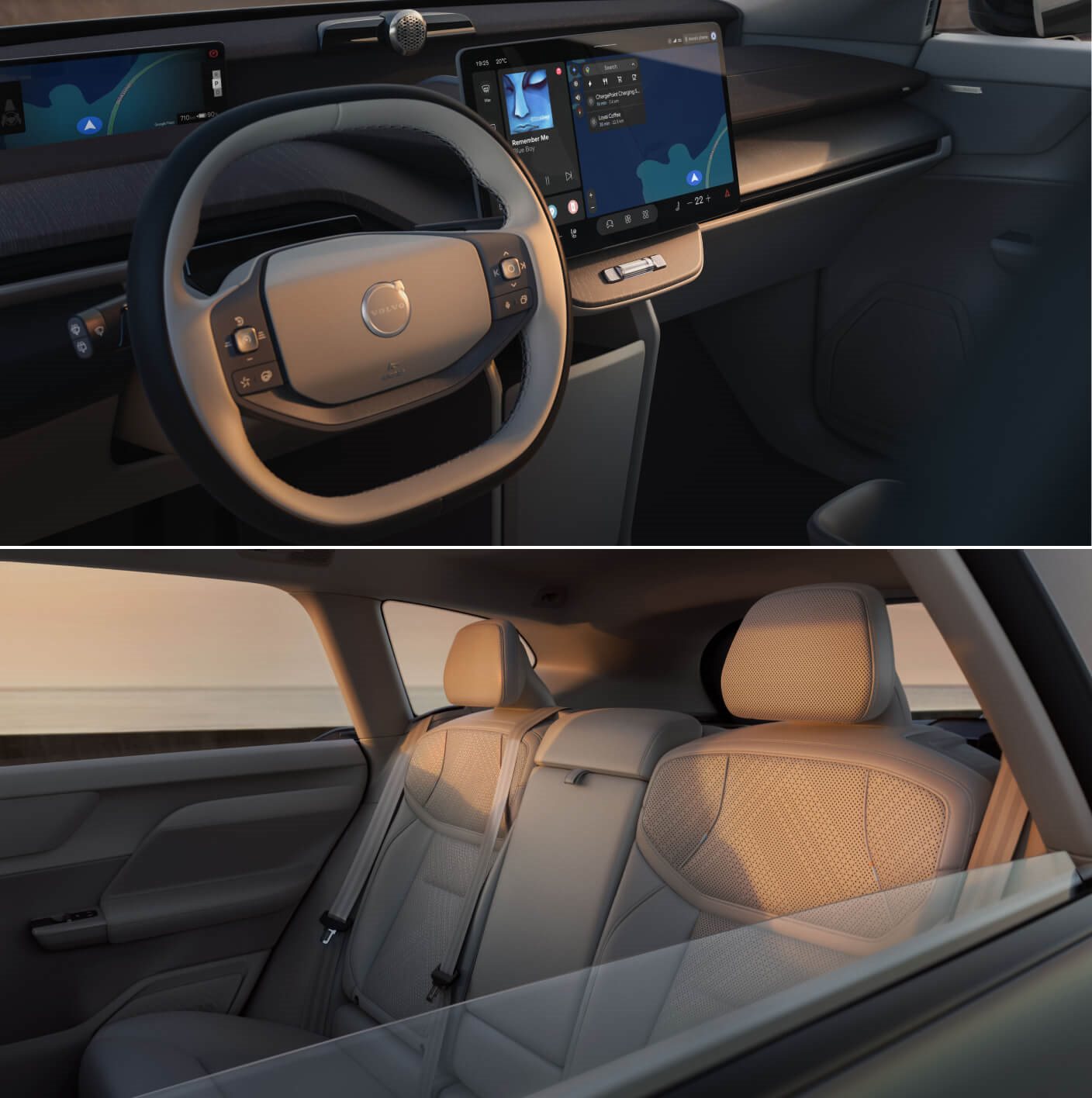  Interior collage showing the steering wheel, infotainment display, and beige back seats in a Volvo EX60.
